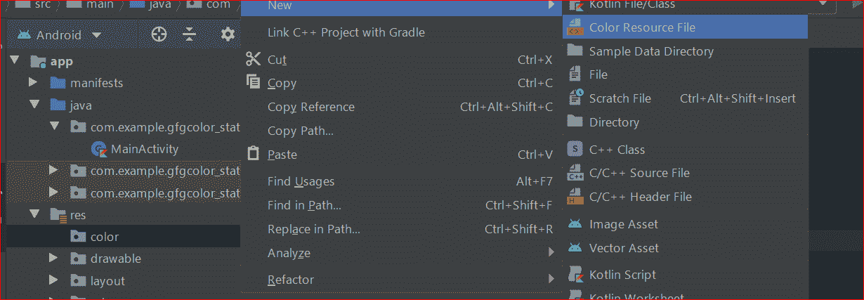 Click on color resource file and enter the respective file names