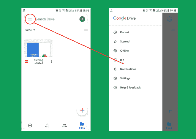 Example of Google Drive Navigation Drawer.